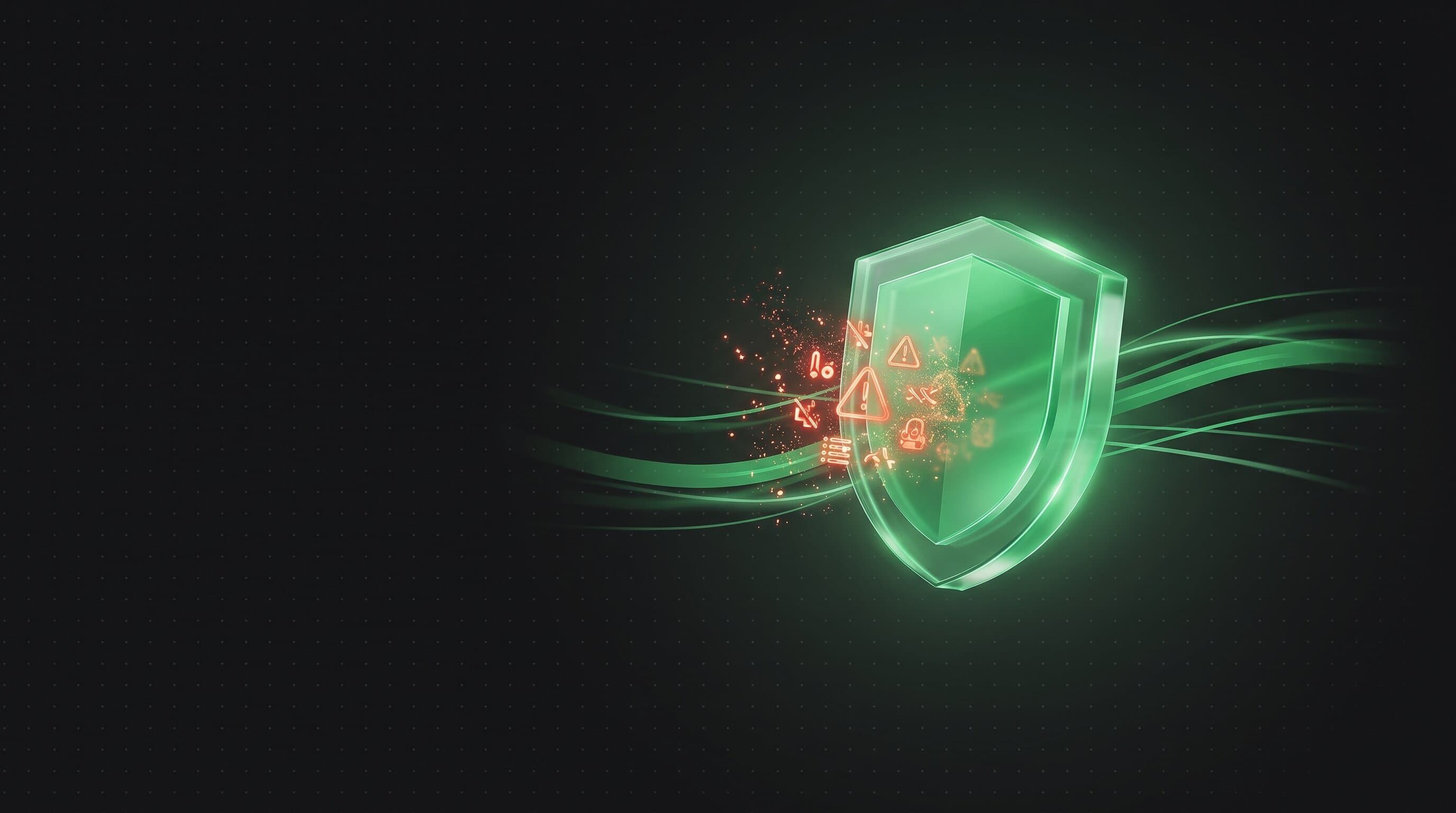 A green shield deflecting Meta ad policy warning symbols, protecting an account